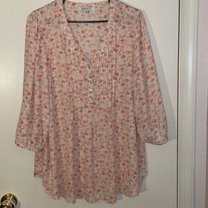 Rose & Olive Peach Coral Floral 3/4 Sleeve V-Neck Pleated Blouse 1X